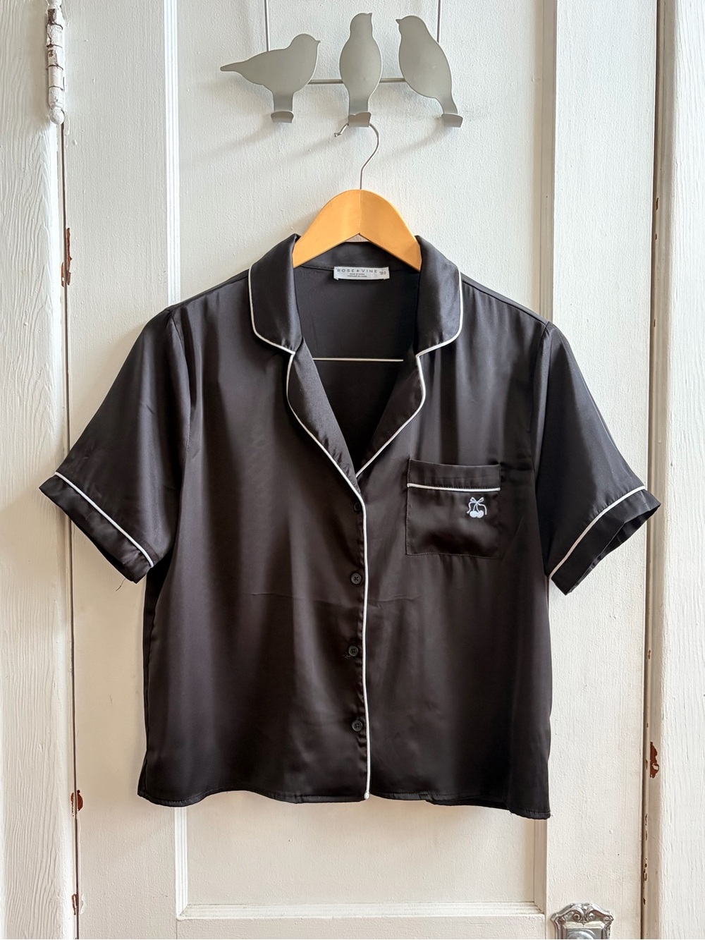 Short Sleeve Black Satin Pajama Top with White Piping